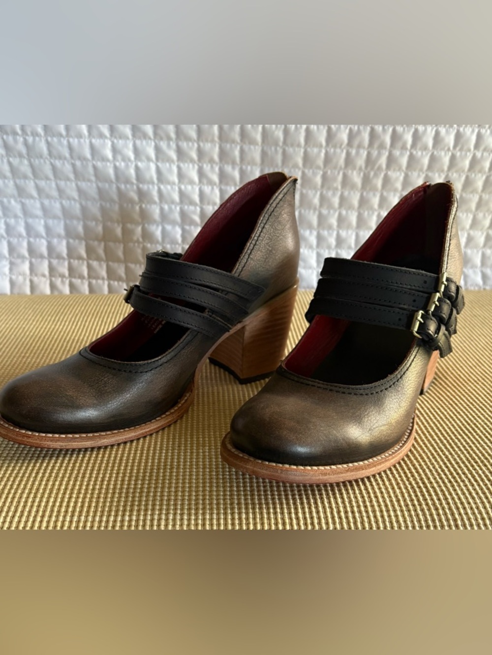 Freebird by Steven Metallic Gray Double-Strap Mary Jane Block Heels